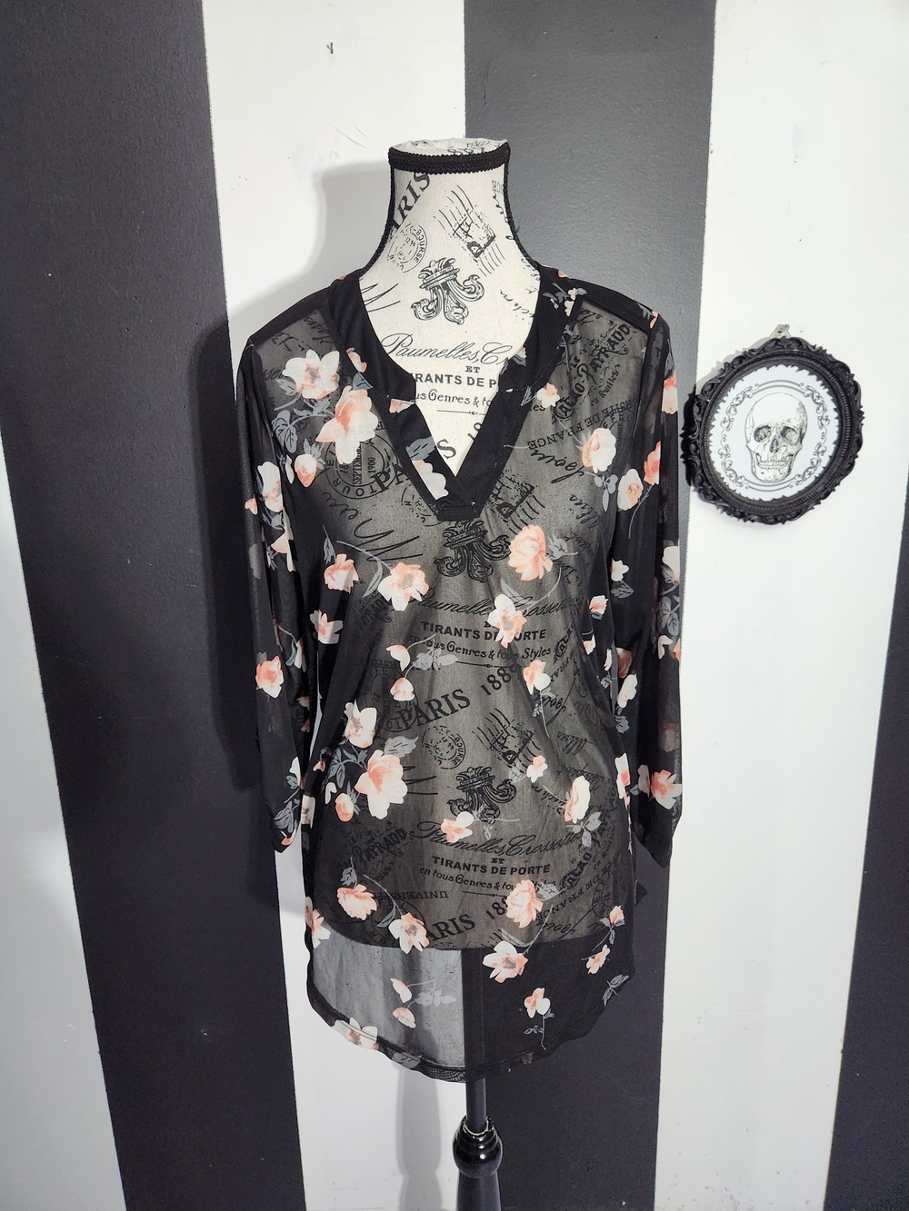 Anthropologie Black Sheer V-Neck Blouse with Blush Floral Print